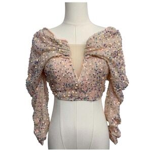 Babydoll  Off Shoulder Sequin Top Coquette Pink Sparkly Glitter Party NYE  Sz S